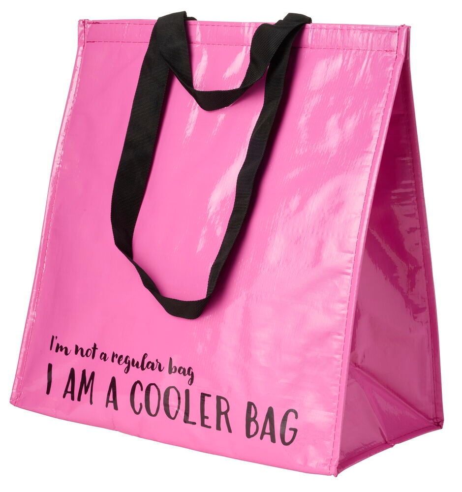 Pink glänzende Kühltasche, Basic L mit schwarzen Griffen und 'I AM A COOLER BAG' Text.
