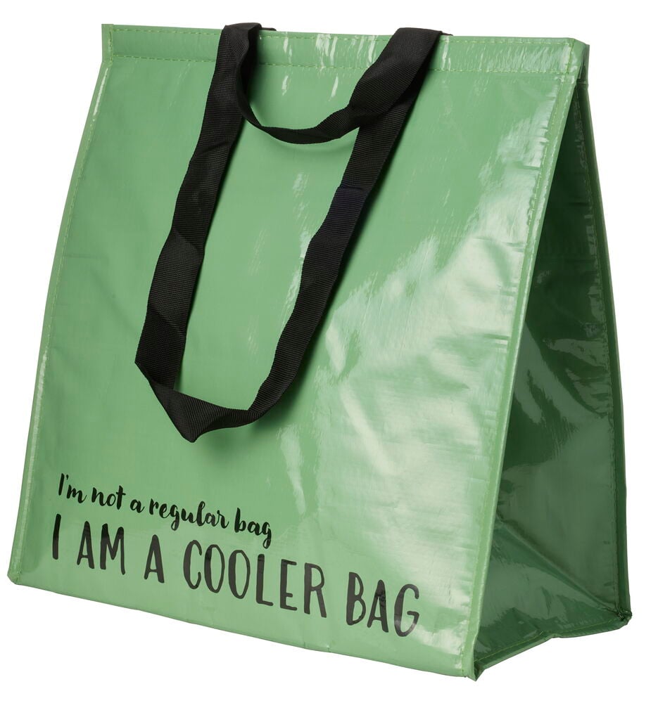 Eine grüne Kühltasche, Basic L, mit schwarzen Griffen und „I AM A COOLER BAG“ Text auf der Vorderseite.