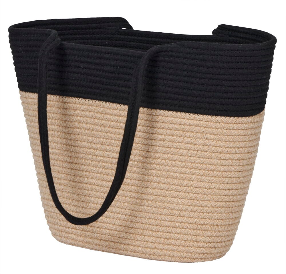 Rantakassi mustasta ja luonnonvärisestä köysimateriaalista.