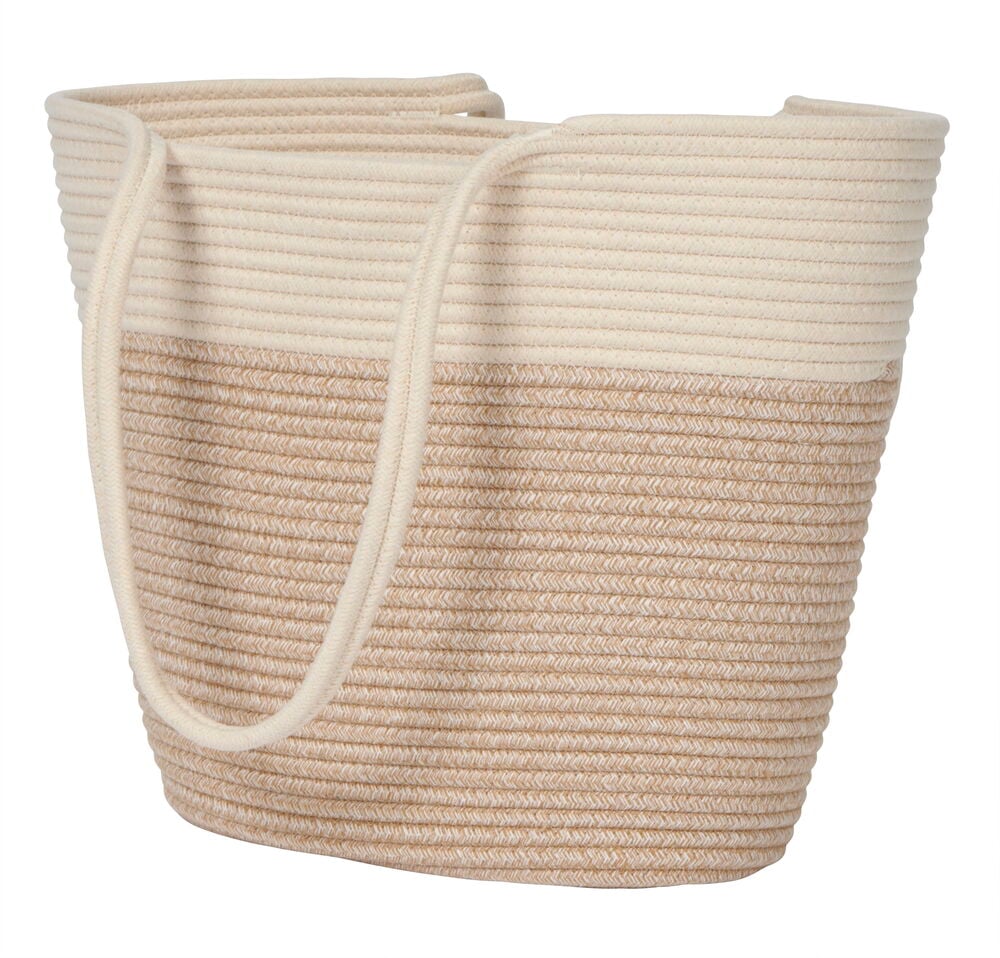 Beige ja valkoinen raidallinen köysirantakassi