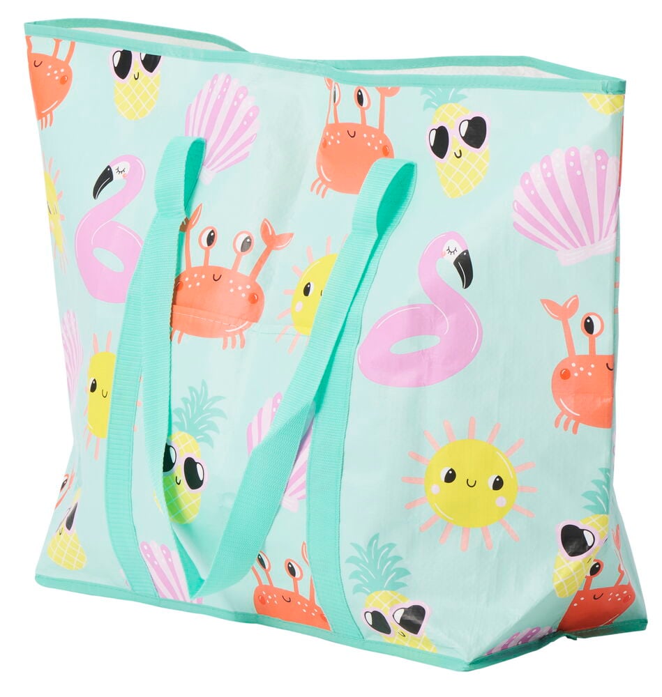 Stor strandväska med färgglada djur och mönster.