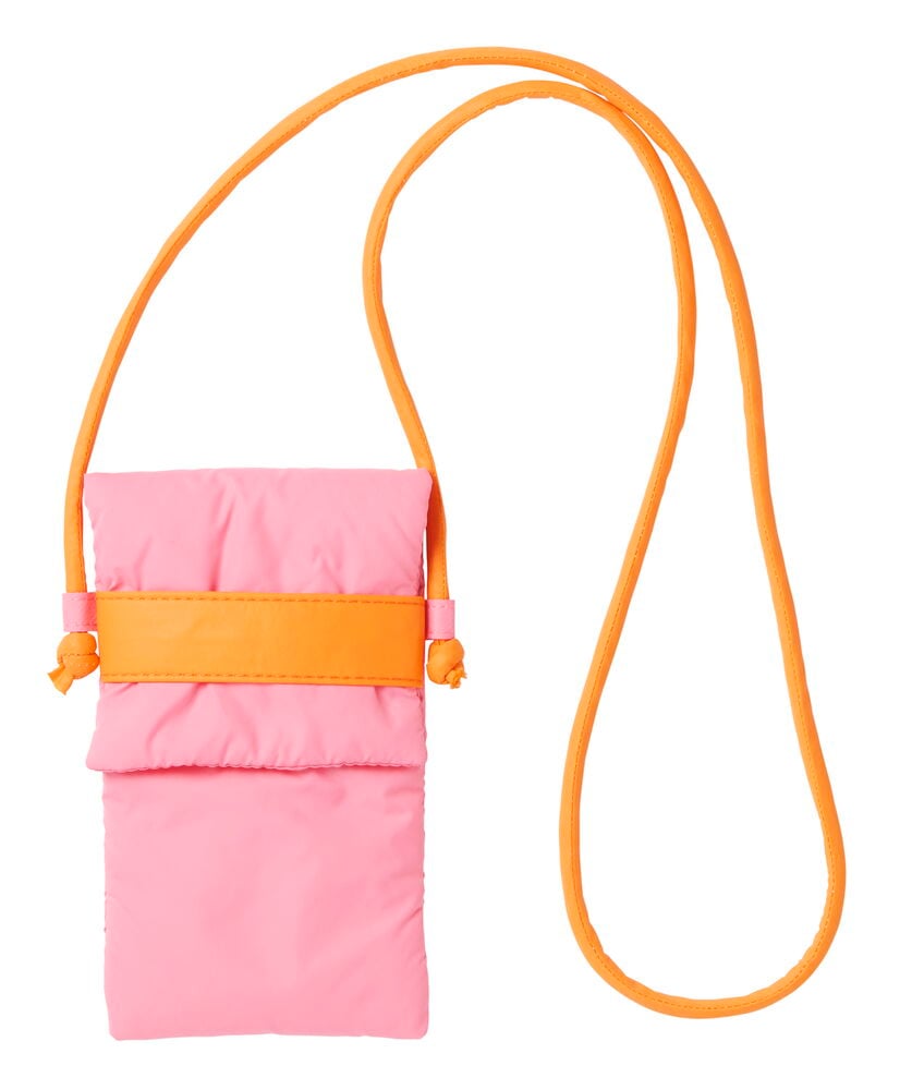 Liten rosa väska med orange axelrem.