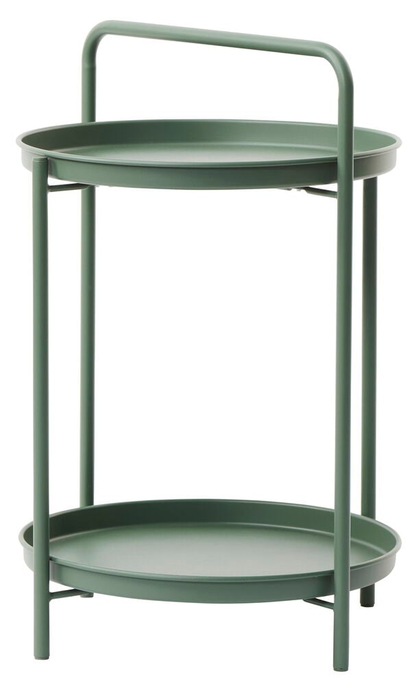 Vihreä metallinen tarjoiluvaunu, jossa on kaksi hyllytasoa.