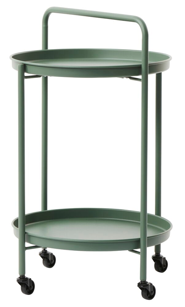 Vihreä moderni juomavaunu, jossa on kaksi hyllyä ja pyörät.