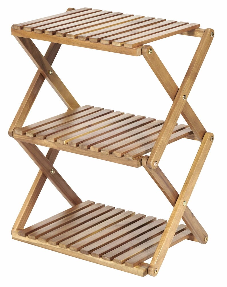 Kolmitasoinen kasvihylly luonnonväristä akaasiapuuta.