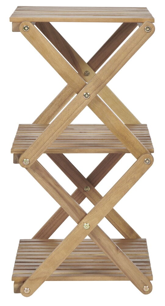 Kaksikerroksinen kasvihuonehylly akasiapuusta, jossa on kolme tasoa.