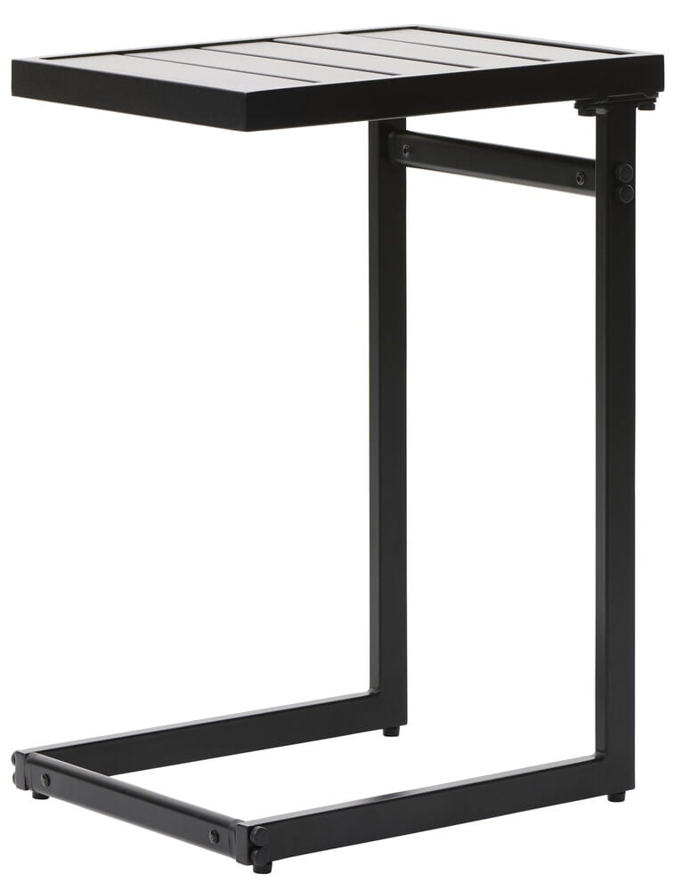 Musta U-muotoinen sivupöytä, jossa on moderni muotoilu.