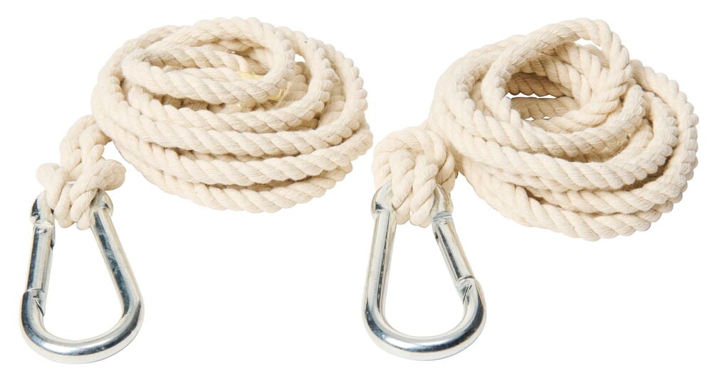 Två vita rep med metallkarbiner för upphängning.