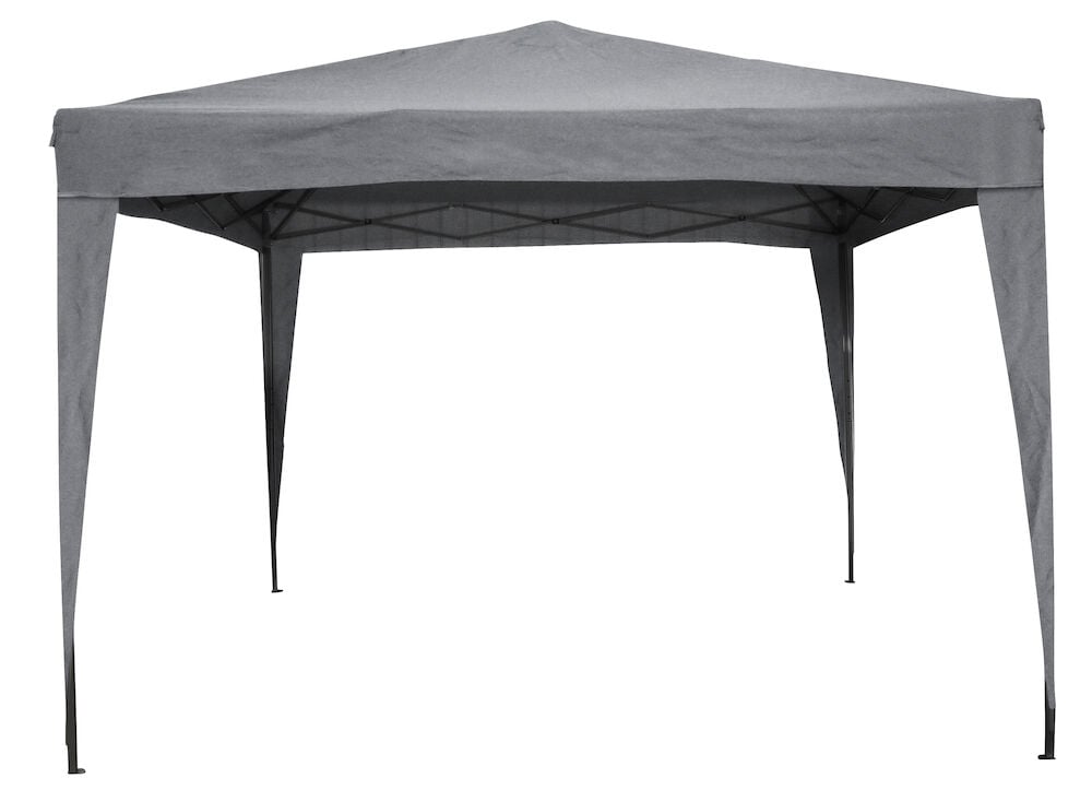 Grå partytelt med aluminiumsramme og polyestertak.