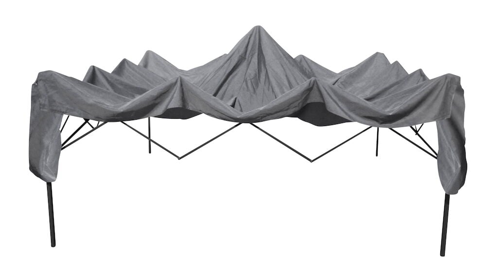 Hopfellt grått partytelt med synlig metallstativ.