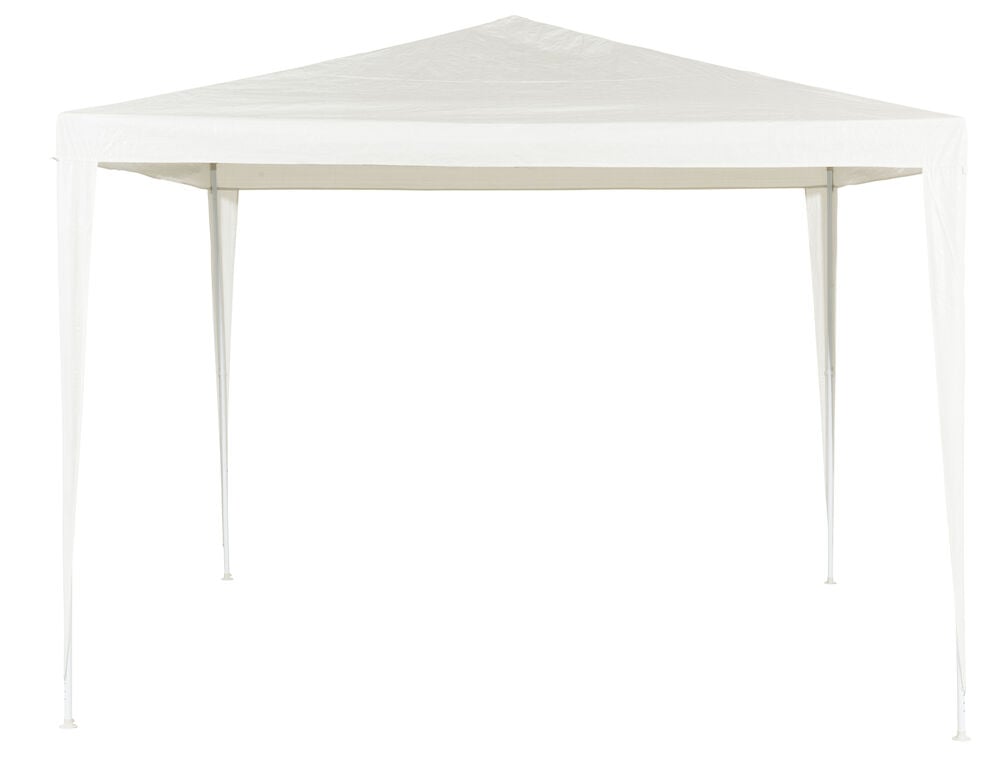 Vitt partytält med stålram och polyetentak.