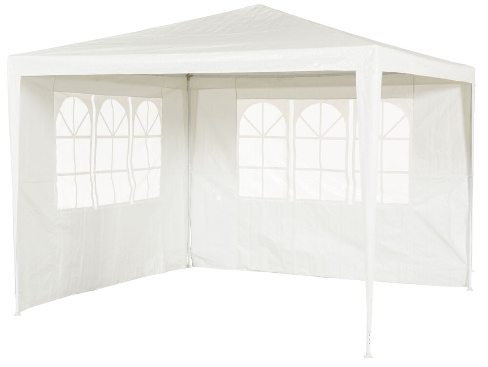 Vitt partytält med fönster och stålkonstruktion.