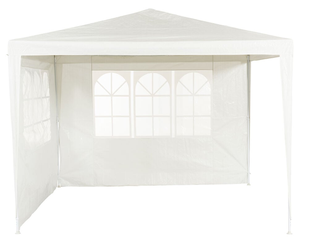 Vitt partytält med fönster och tre stängda sidor.