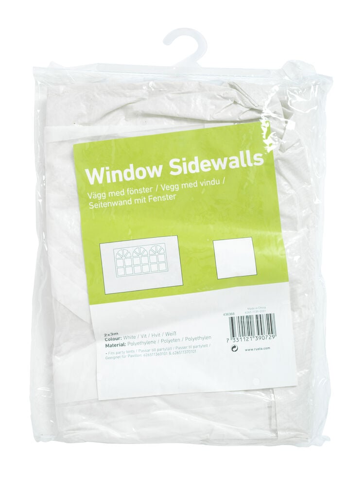 Vekt hvit teltvegg med vindu i plastpose.