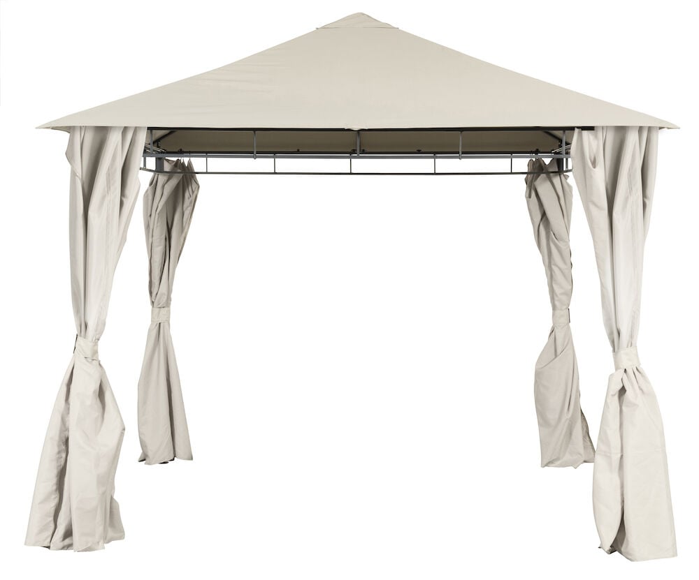 Beige paviljong med fire åpne draperte vegger.