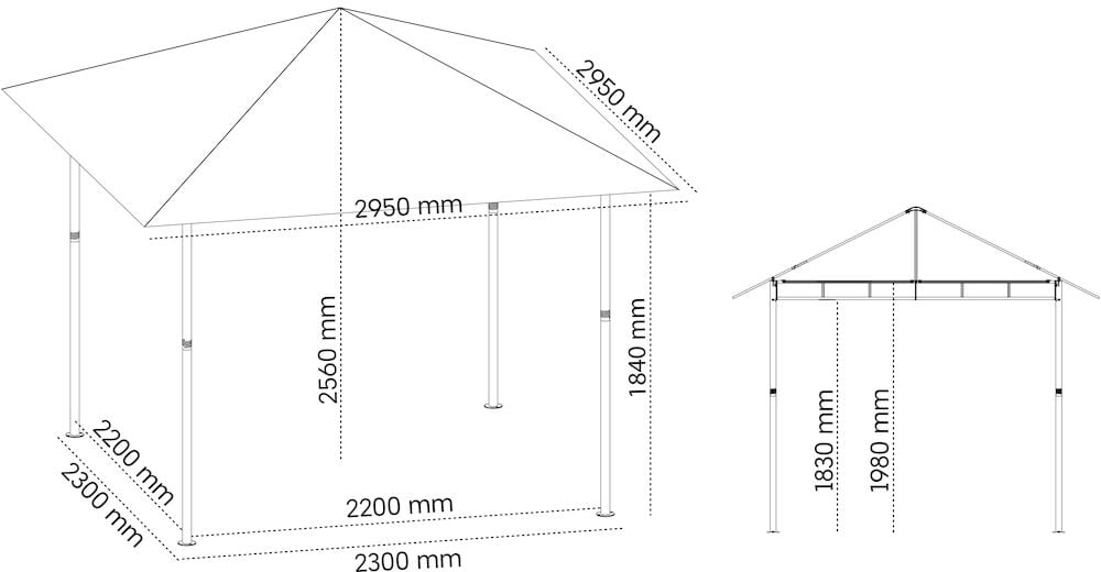 Målskisse av firkantet paviljong med målopplysninger.