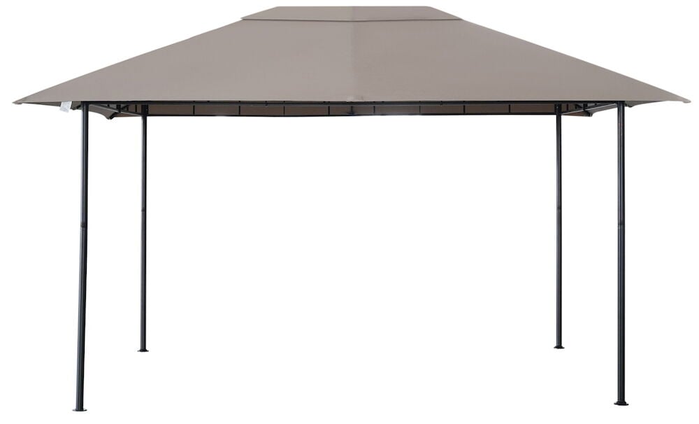 Brun paviljong med stålkonstruksjon og polyestertak.