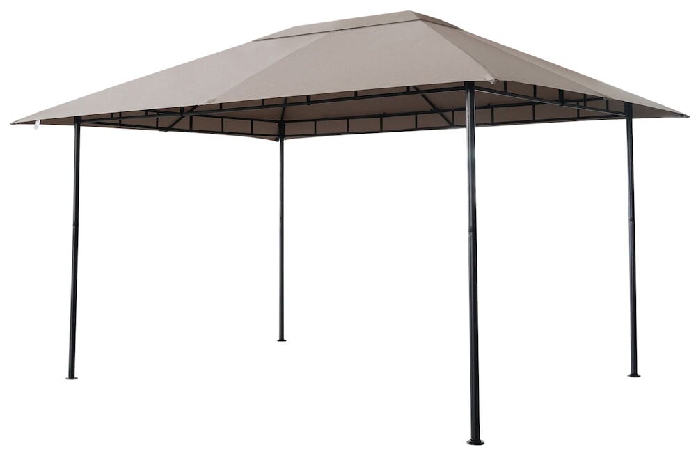 Stor rektangulær paviljong med beige tak.