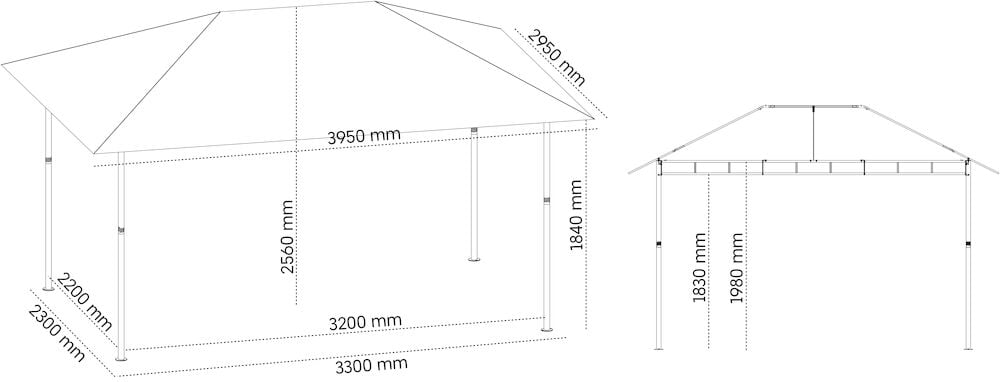Ritning av paviljong med angivna mått och måttlinjer.