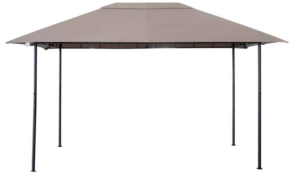 Paviljonki Maui 295x395 cm beigellä harjakatolla ja mustilla tukipylväillä.