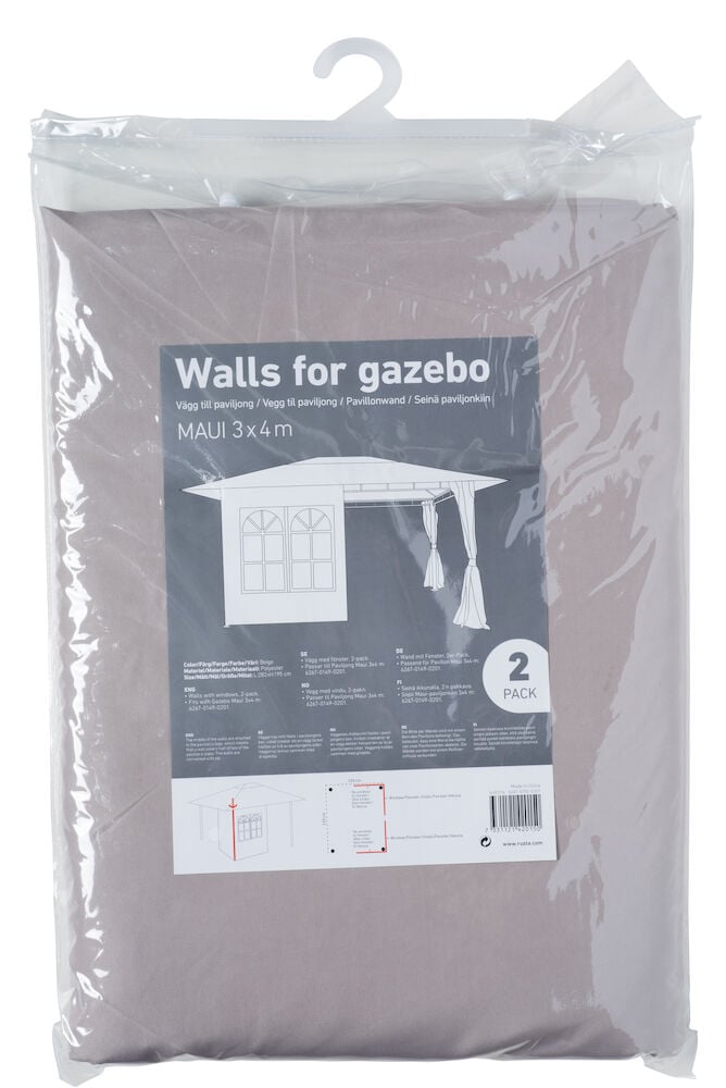 Förpackning med tygväggar till paviljong med fönster.