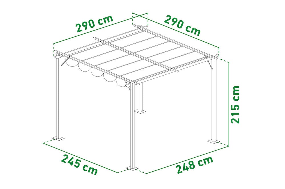 Metallpergola med skjutbart tak och sidogardiner.