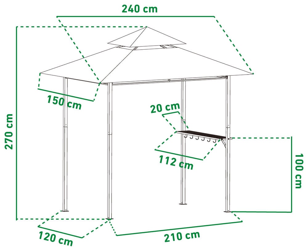 Tegning av paviljong med markerte mål og sidehylle.