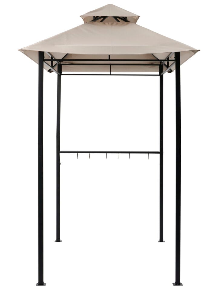 Beige paviljong med svart stålram og hylle.
