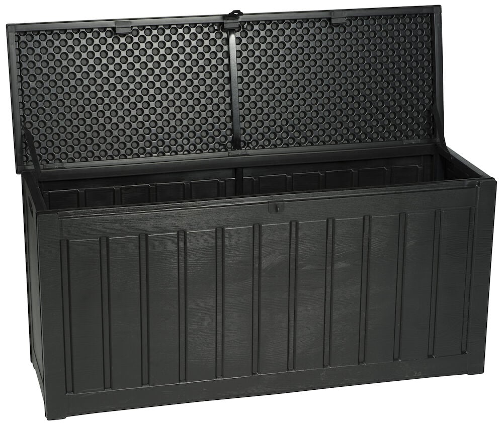 Musta avonainen muovinen säilytyslaatikko ulkokäyttöön.
