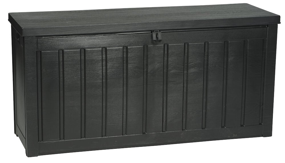 Svart plastlåda för utomhusförvaring med lock.