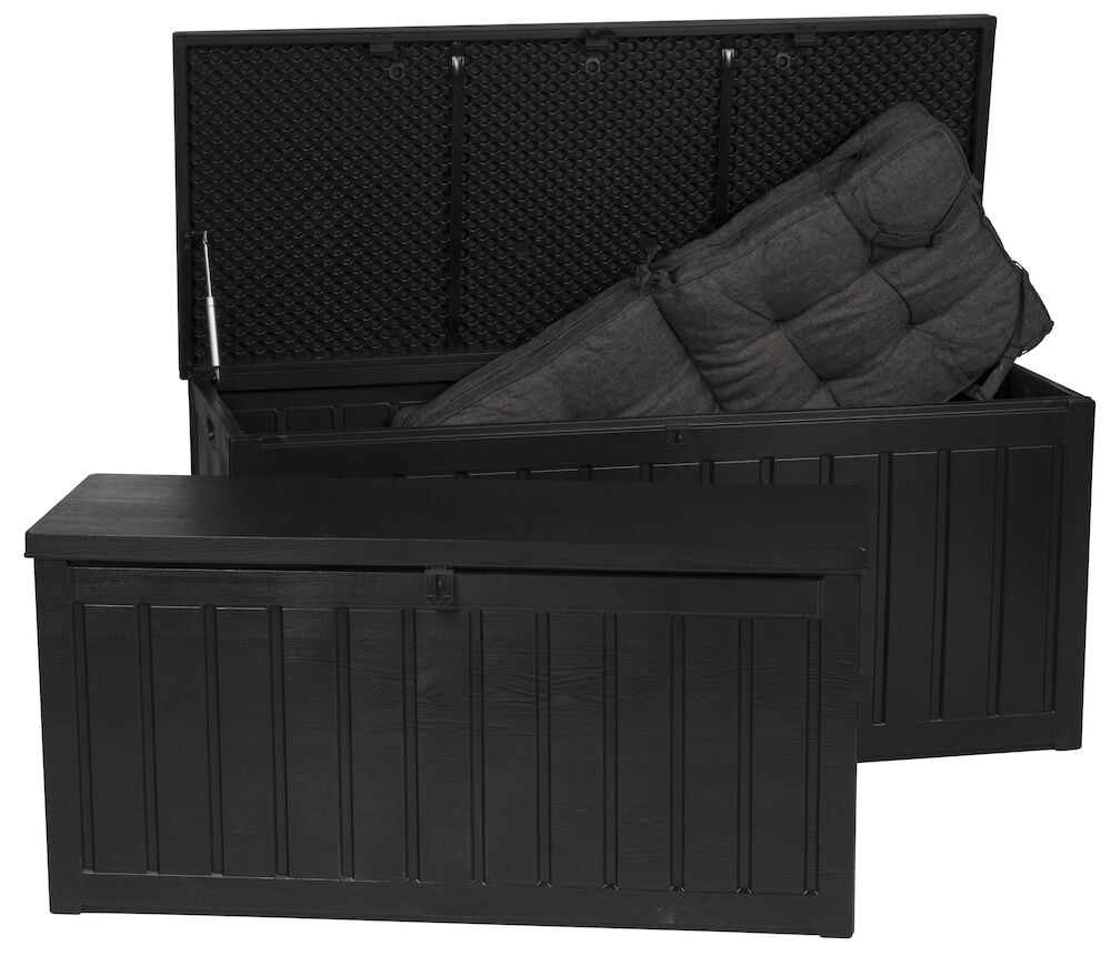 Svart förvaringslåda i plast med dynor inuti.