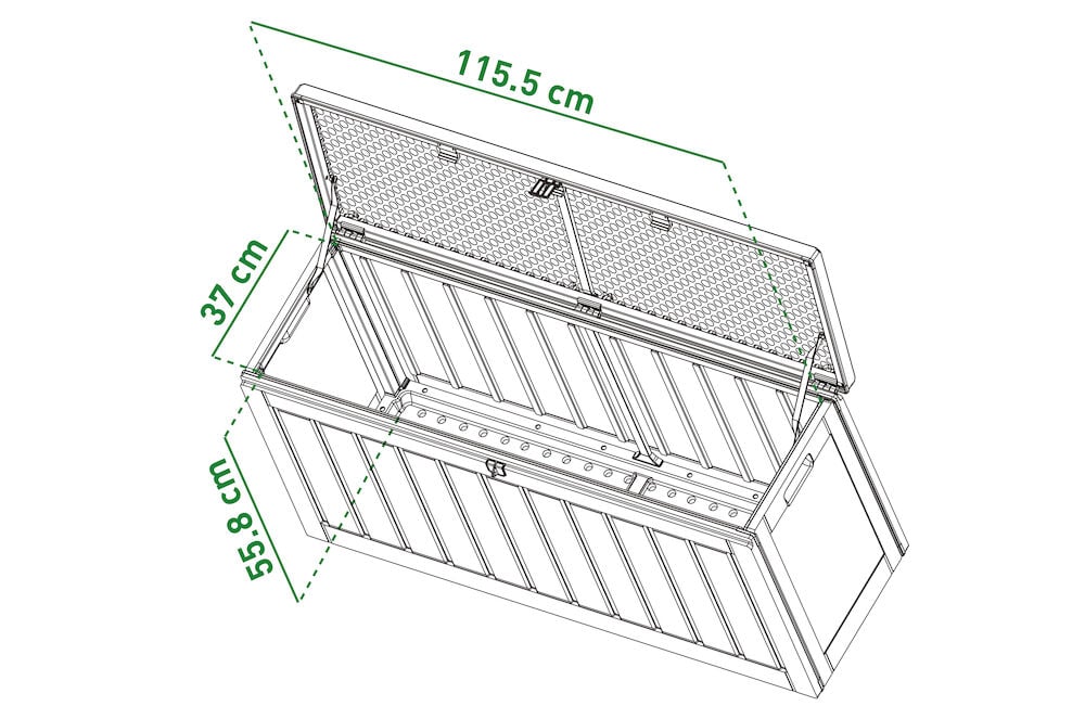 Avoin muovinen säilytyslaatikko kannella ja mittamerkinnällä.