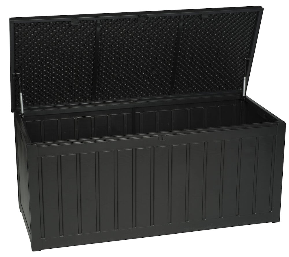 Svart plastlåda med öppet lock för förvaring.