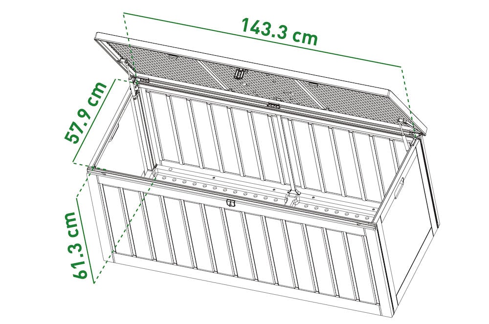 Stor öppen plastlåda med uppfällt lock.