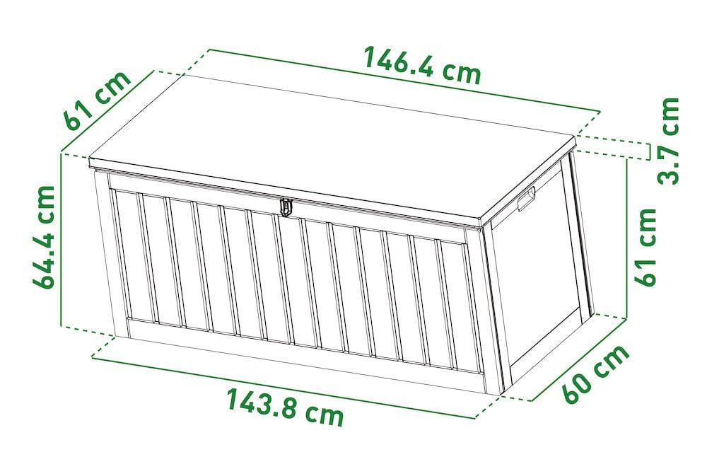 Stor rektangulär plastlåda med lock och måttangivelse.