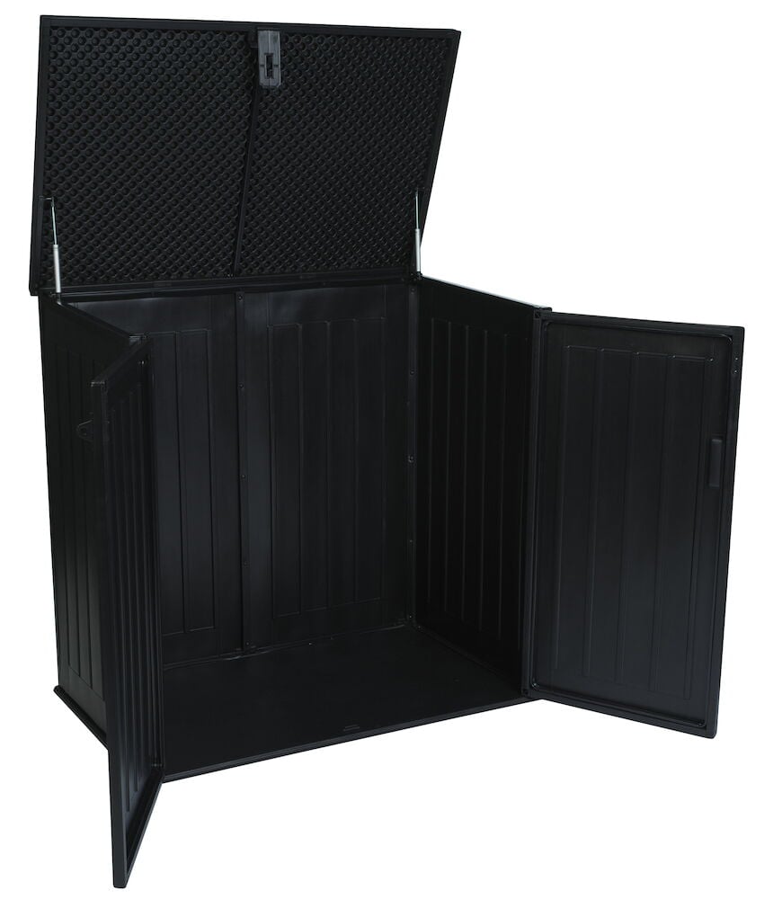 Svart trädgårdsskjul med öppet lock och dörrar.