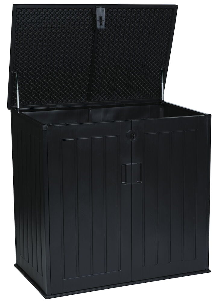 Svart trädgårdsskjul med öppet lock och dubbeldörr.