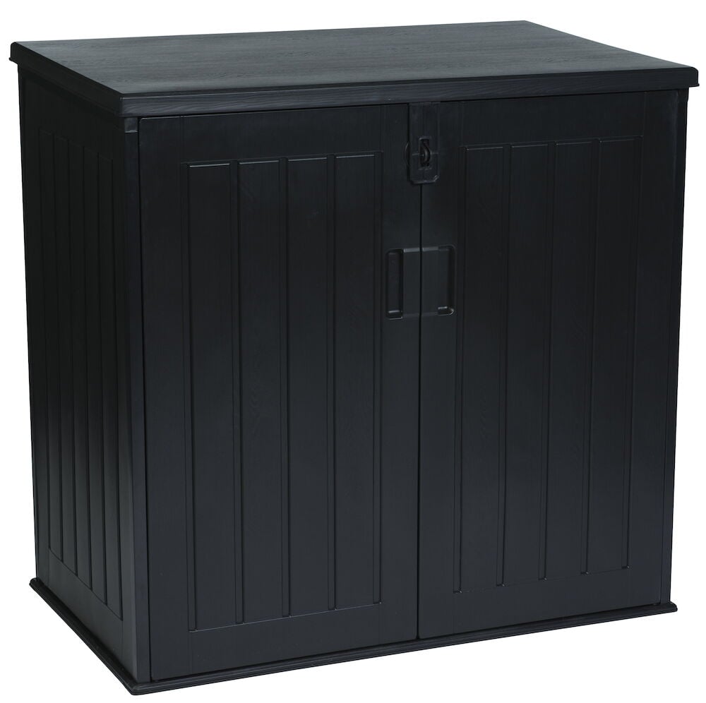 Musta puutarhavaja, jossa on kaksinkertainen ovi ulkosäilytykseen.