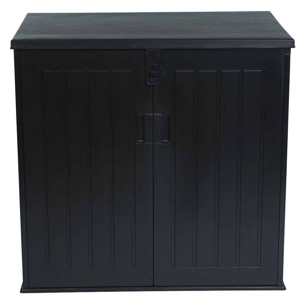 Svart trädgårdsskjul med två dörrar och lock.