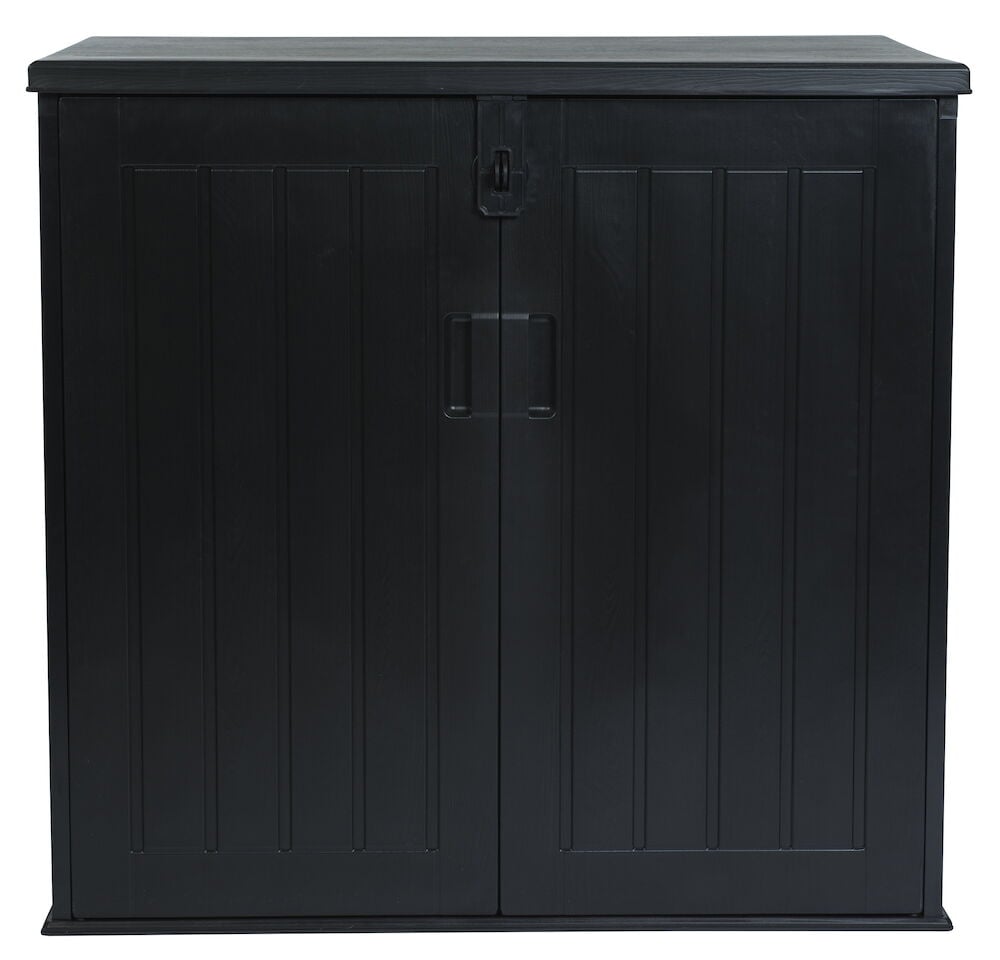Svart trädgårdsskjul med dubbeldörr och lock.