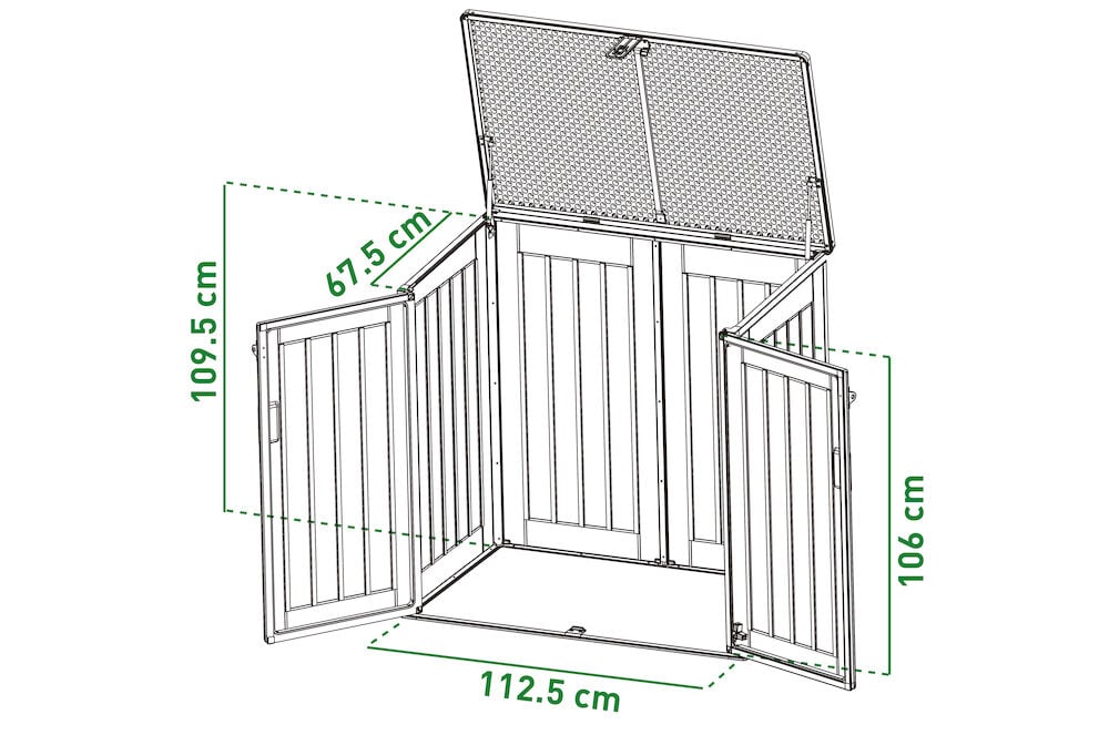 Ritning av trädgårdsskjul med mått och dörrar.