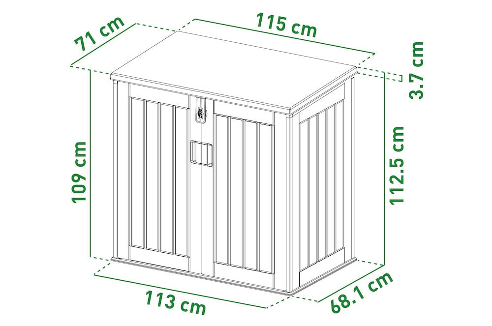 Ritning av trädgårdsskjul med måttangivelser runtom.