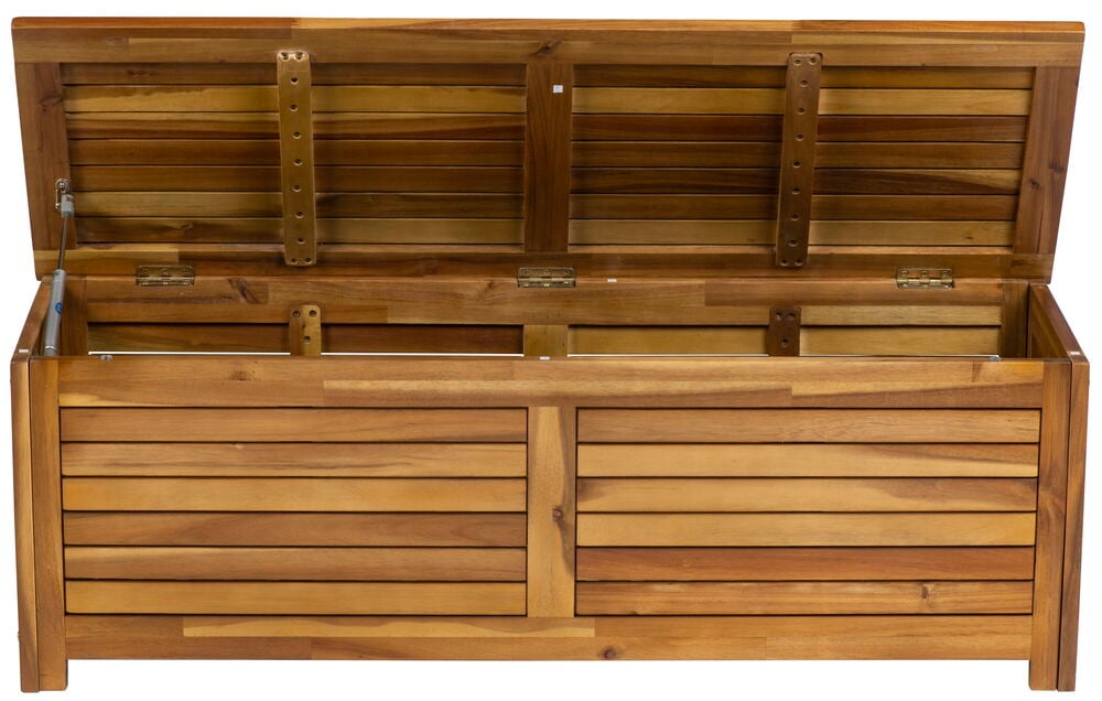 Öppen förvaringsbänk i akaciaträ med lock.