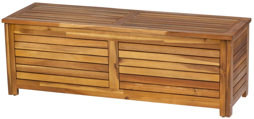 Rektangulär förvaringsbänk i akacia med ribbad design.