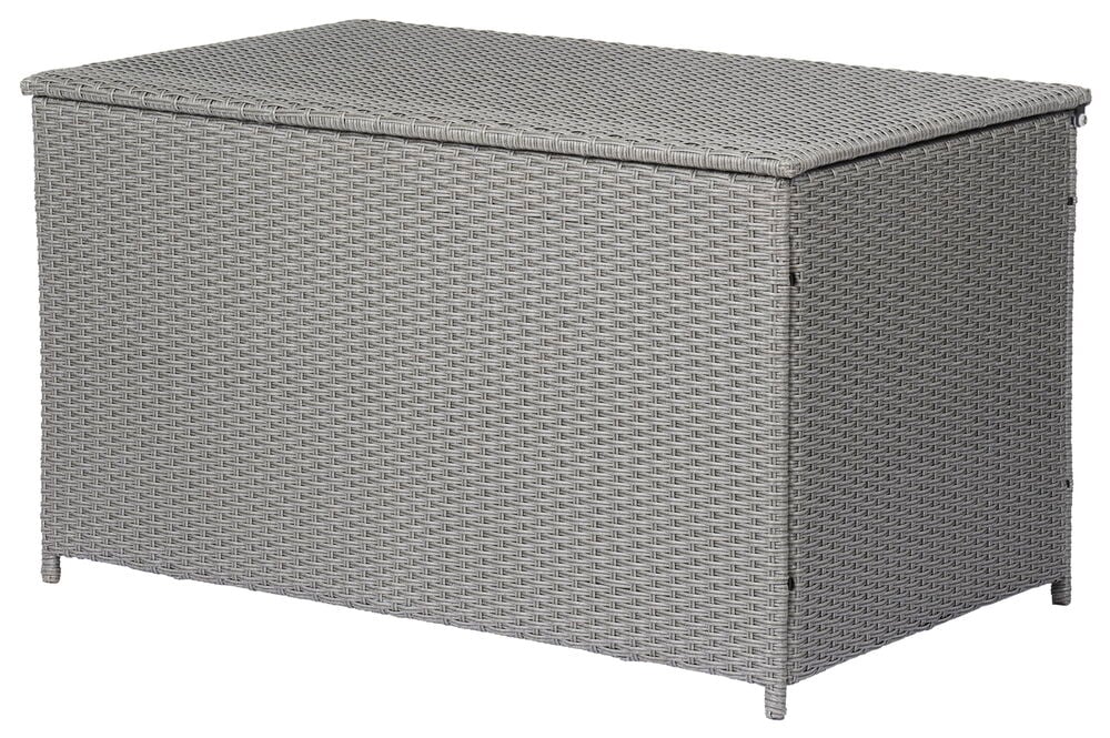 Grå förvaringslåda i konstrotting med lock.