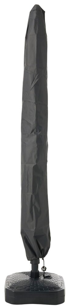 Sonnenschirmschutzhülle S Granitgrau, eine lange dunkelgraue Schutzhülle, auf einem schwarzen Sonnenschirmständer.