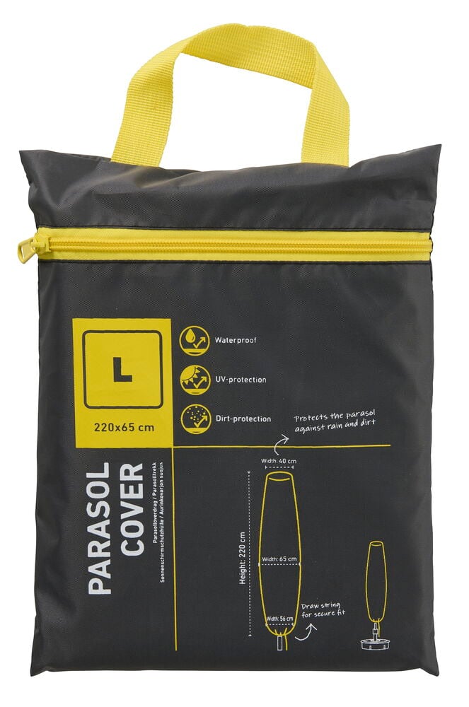 Granitgrå Parasollöverdrag L väska med gul dragkedja och bärhandtag.