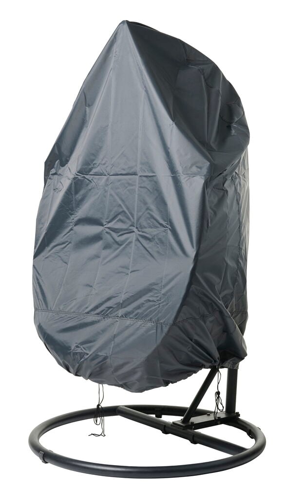Möbelschutz Granitgrau, der einen hängenden Eiersessel bedeckt, aus knitterigem Stoff mit Kordelzug am Boden.
