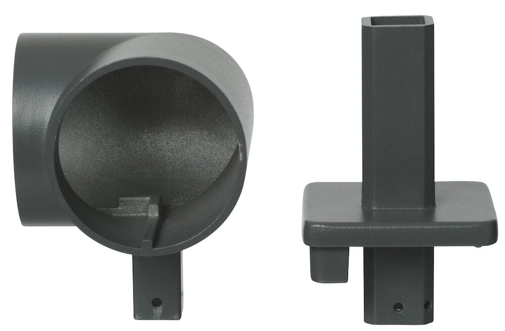 Grauer Aluminium-Eckenhalter für Handlauf neunzig Grad.