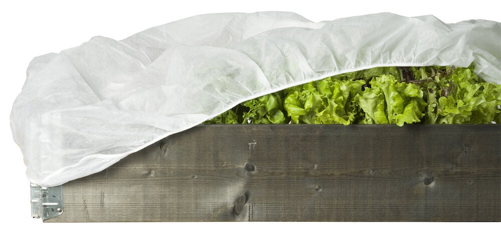 Valkoinen kuitukangas peittää vihannekset viljelylaatikossa.